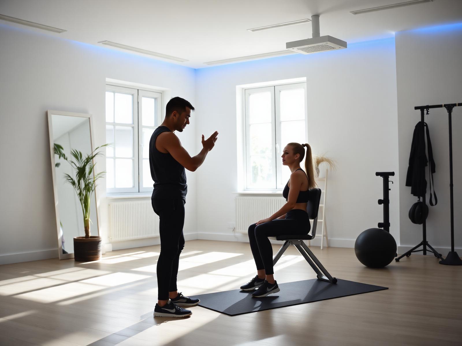 Personal trainer coaching a client in a bright studio